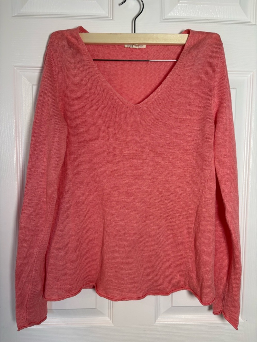 Eileen Fisher Coral Pink Linen Sweater V Neck Lightweight Knit Minimalist XS